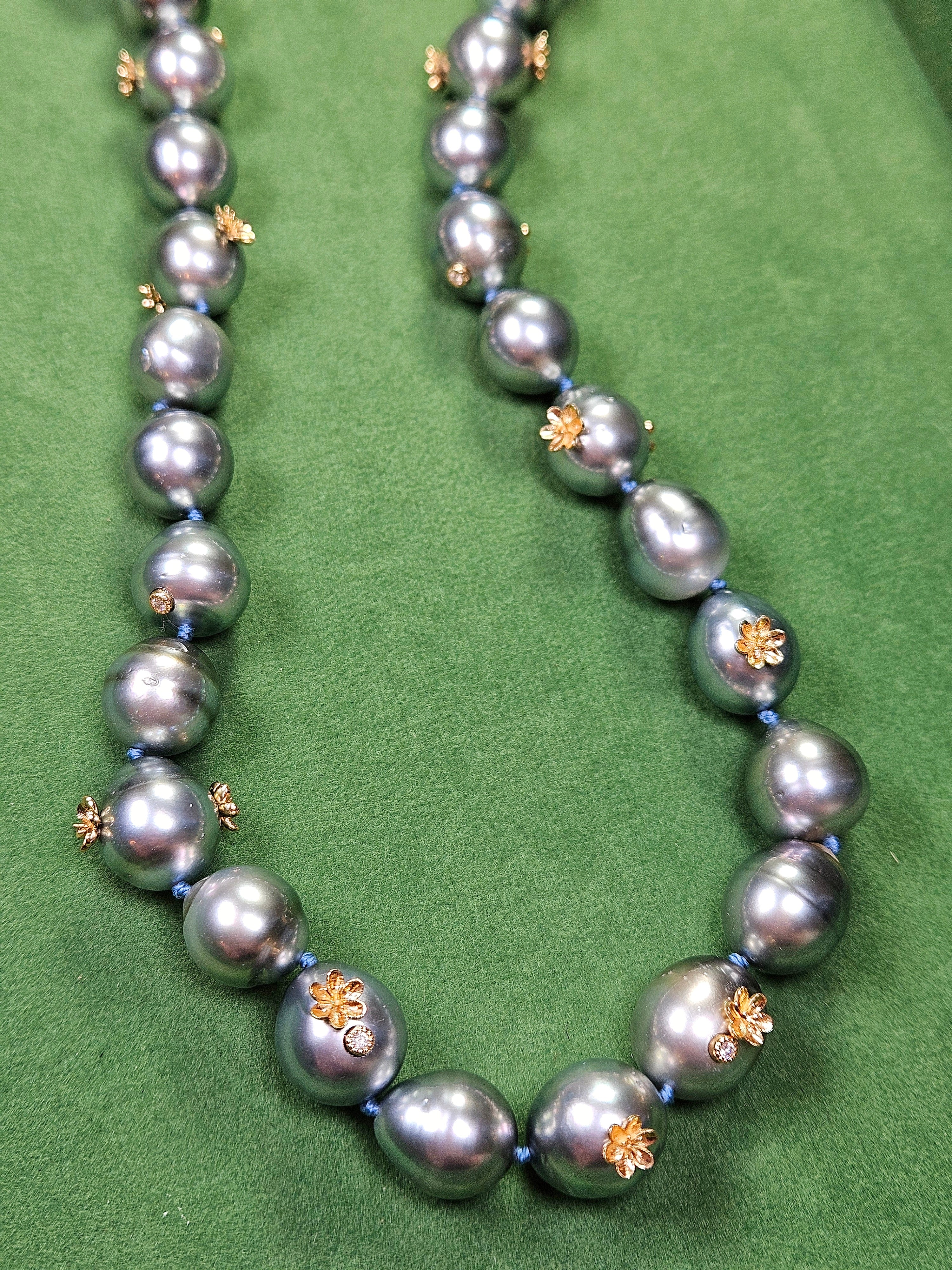 18K Solid Gold Natural Silver Tahitian Pearl Necklace with Small Flowers, Diamonds & Antique inspired Hand Fist Clasp 18"