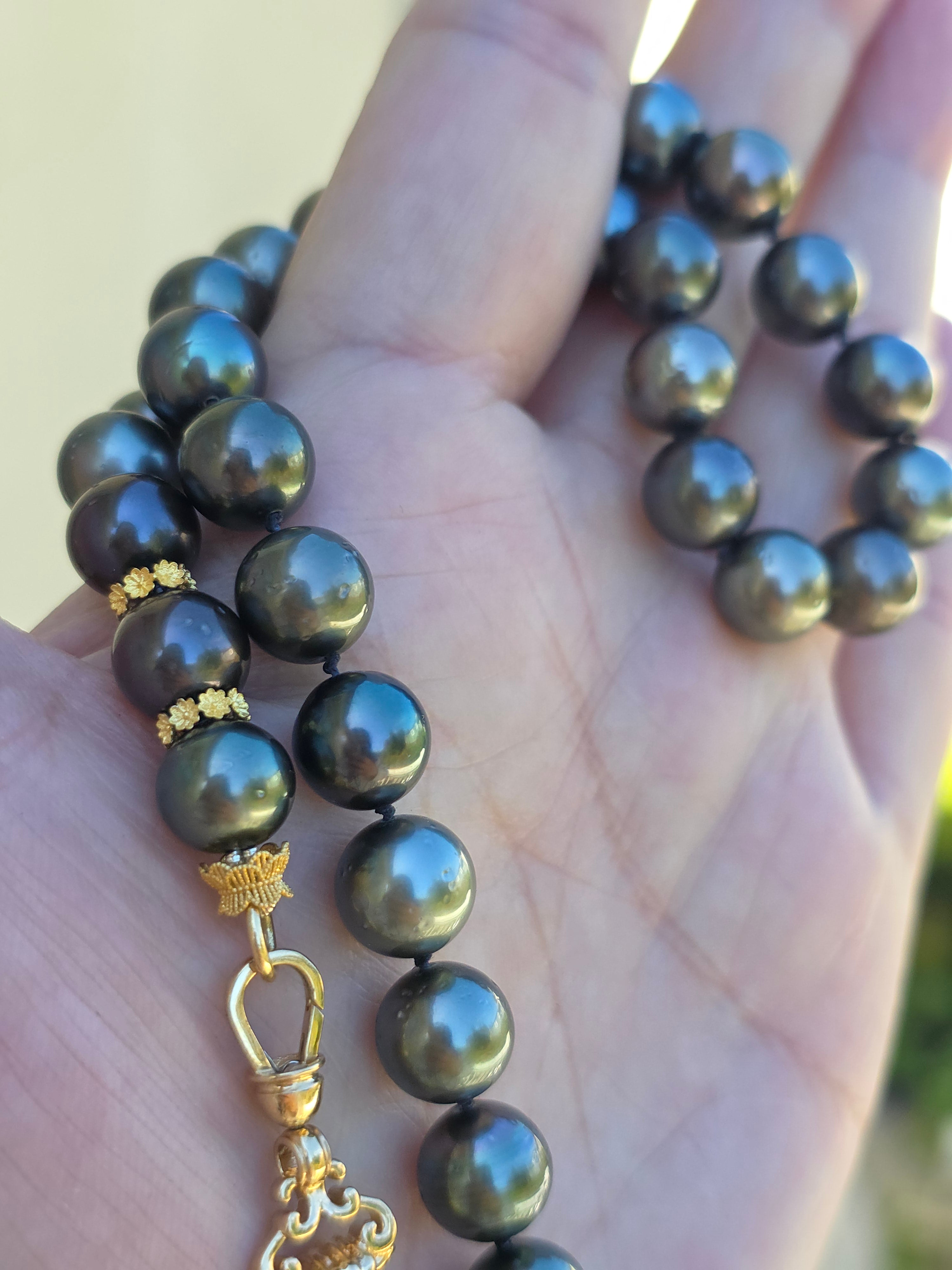 18k Solid Gold Tahitian Pearl Necklace with 3 Charms Oxidized Sterling Silver Coin in 24k Gold