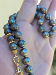 18k Solid Gold Tahitian Pearl Necklace with 3 Charms Oxidized Sterling Silver Coin in 24k Gold