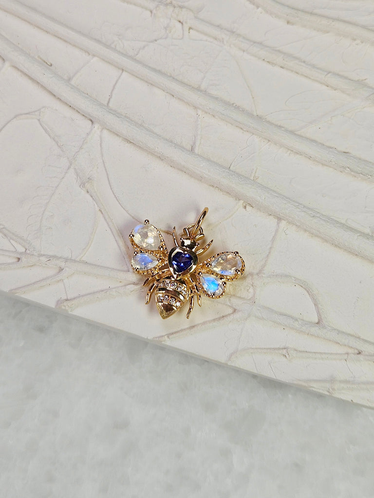 14K Yellow Gold Honey Bee Charm in Heart Shape Tanzanite, Rainbow Moonstone & Diamond Gemstone Pendant