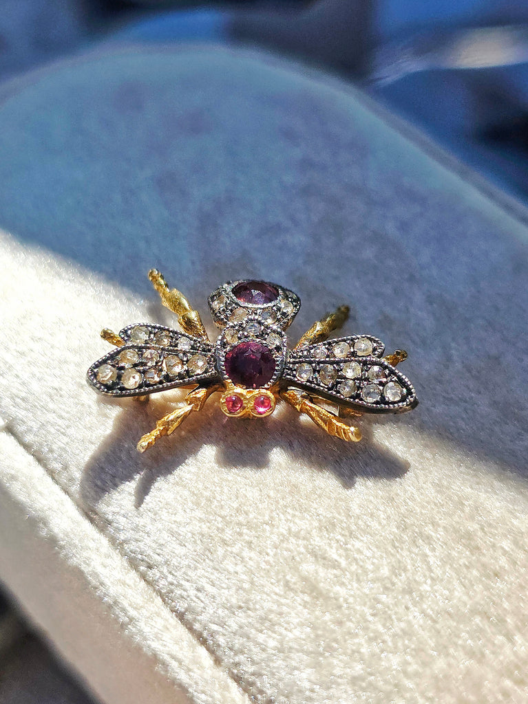 Antique 9k Gold & Silver Diamond and Garnet FLY Brooch | Indulgems