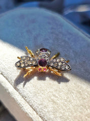 Antique 9k Gold & Silver Diamond and Garnet FLY Brooch | Indulgems