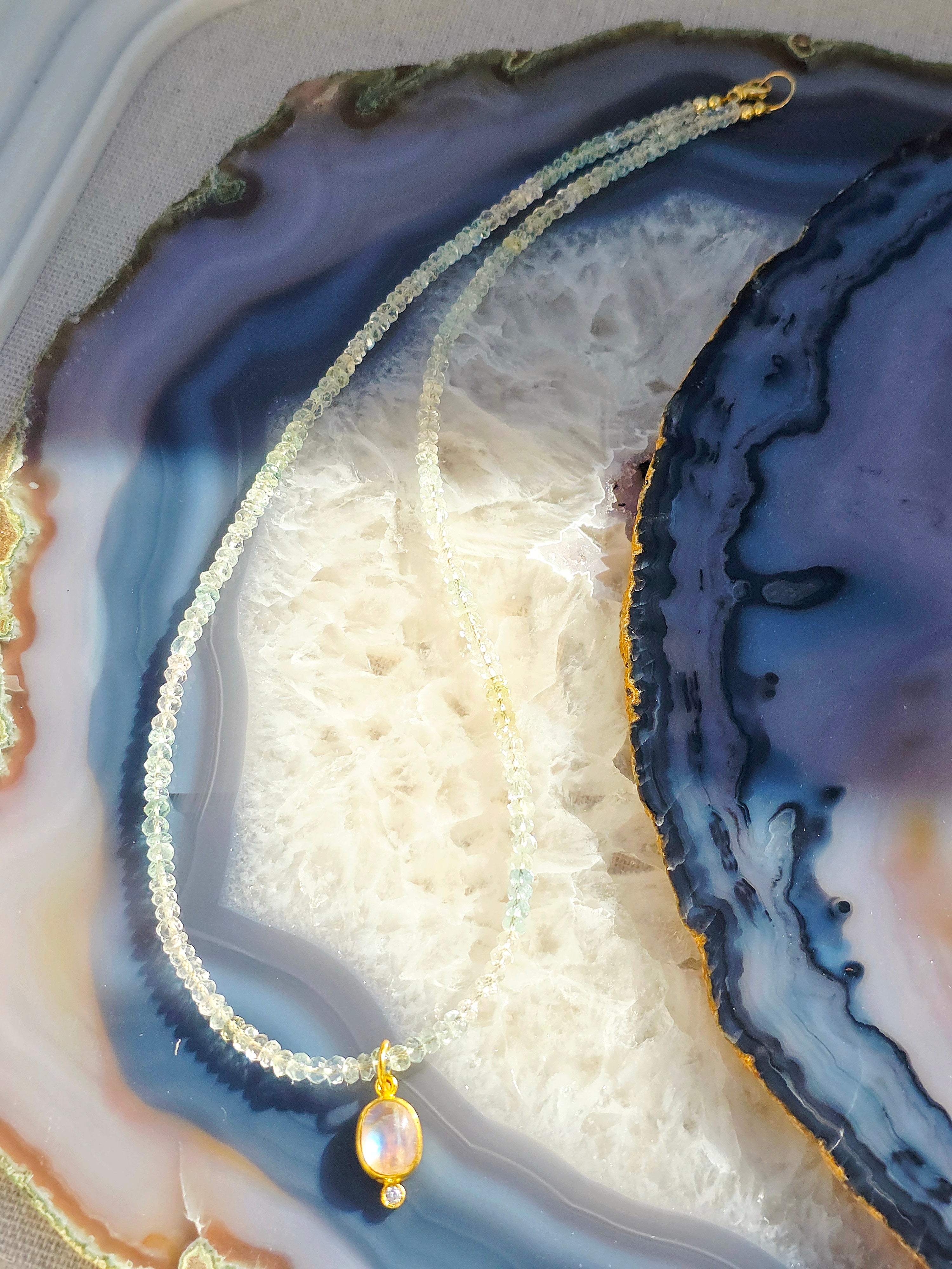 14K Yellow Gold Multicolor Aquamarine Gemstone Necklace 17" with 24K Gold Rainbow Moonstone & Diamond Charm