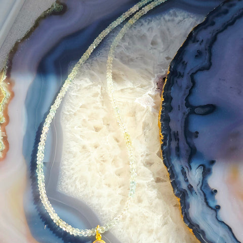 14K Yellow Gold Multicolor Aquamarine Gemstone Necklace 17" with 24K Gold Rainbow Moonstone & Diamond Charm
