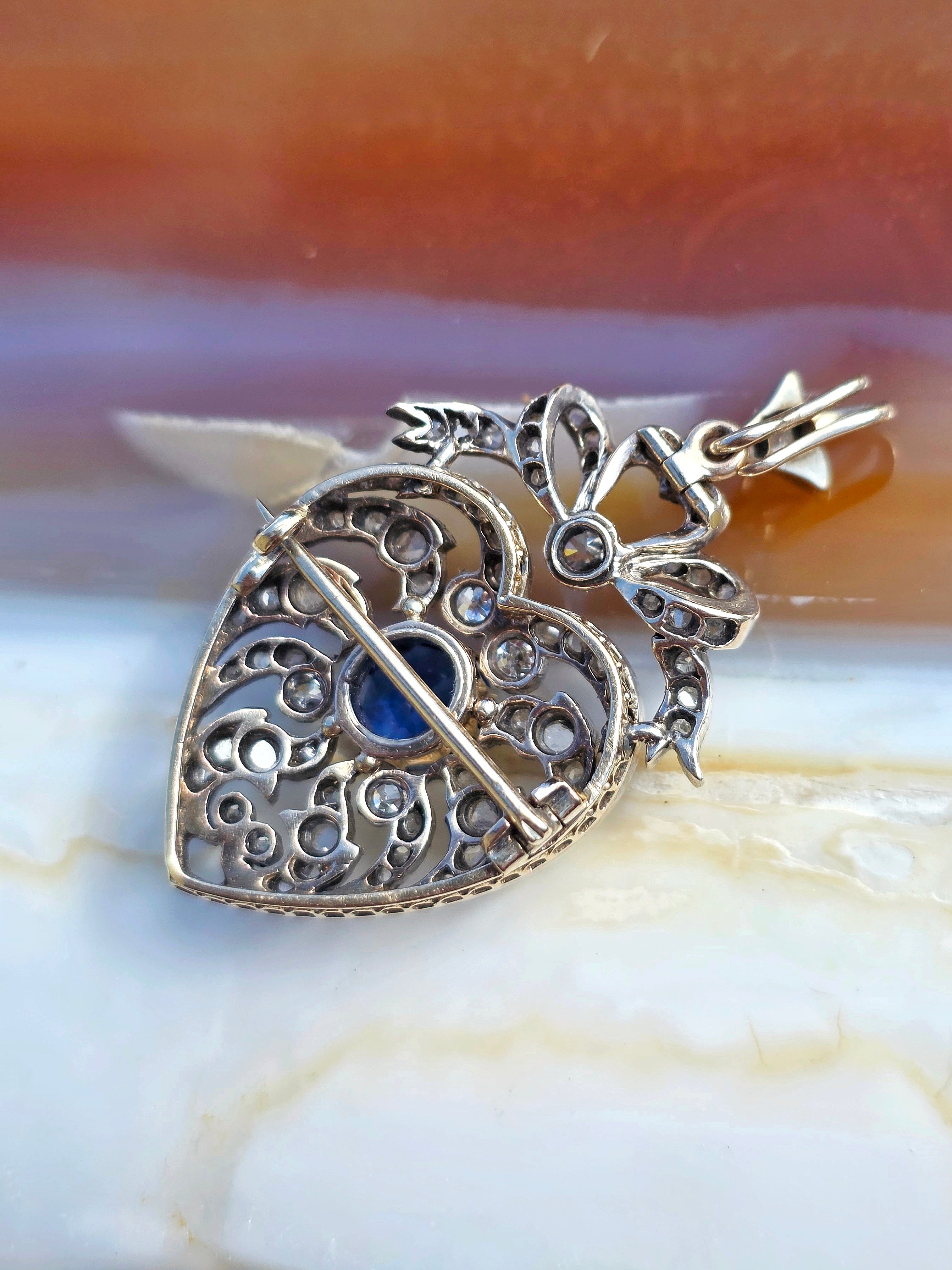 14k Yellow Gold & Silver Rose-cut Diamond Blue Sapphire Heart Brooch Pendant | Indulgems | Antique