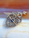 14k Yellow Gold & Silver Rose-cut Diamond Blue Sapphire Heart Brooch Pendant | Indulgems | Antique