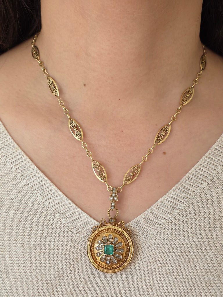 18k Solid Gold French Eagle Head Hallmark Colombian Emerald Rose-cut Diamond Locket Pendant Antique | Indulgems