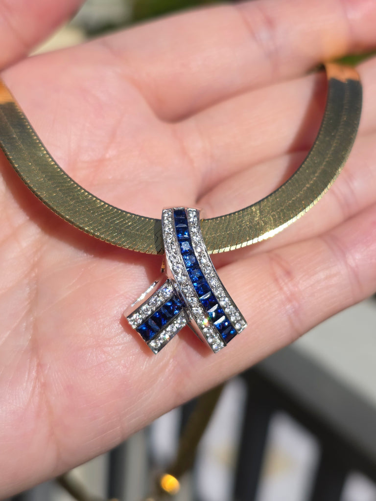 18k White Gold Blue Sapphire & Diamond Vintage Pendant Clip | Indulgems
