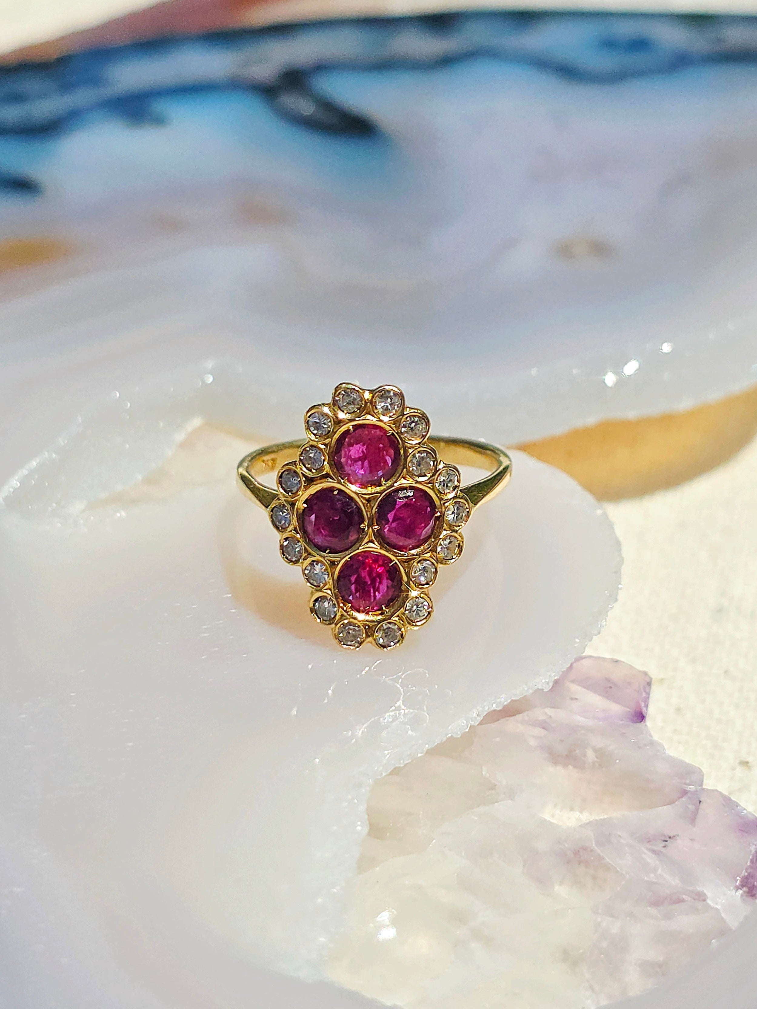 18k Solid Gold Ruby & Diamond Clover 4 Stone Ring sz 7.5 | Indulgems