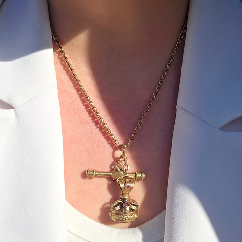 Antique 15k Gold Fob Seal with Ruby Accents & Citrine Intaglio | Indulgems
