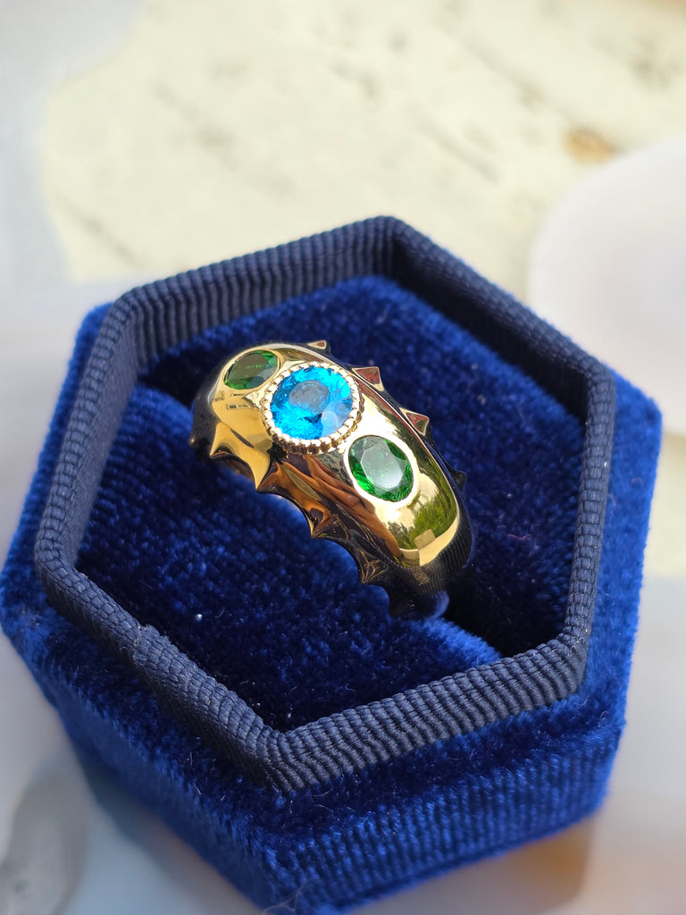 14k Yellow Gold Aurora Band Rings in Emerald & Neon Apatite | Indulgems