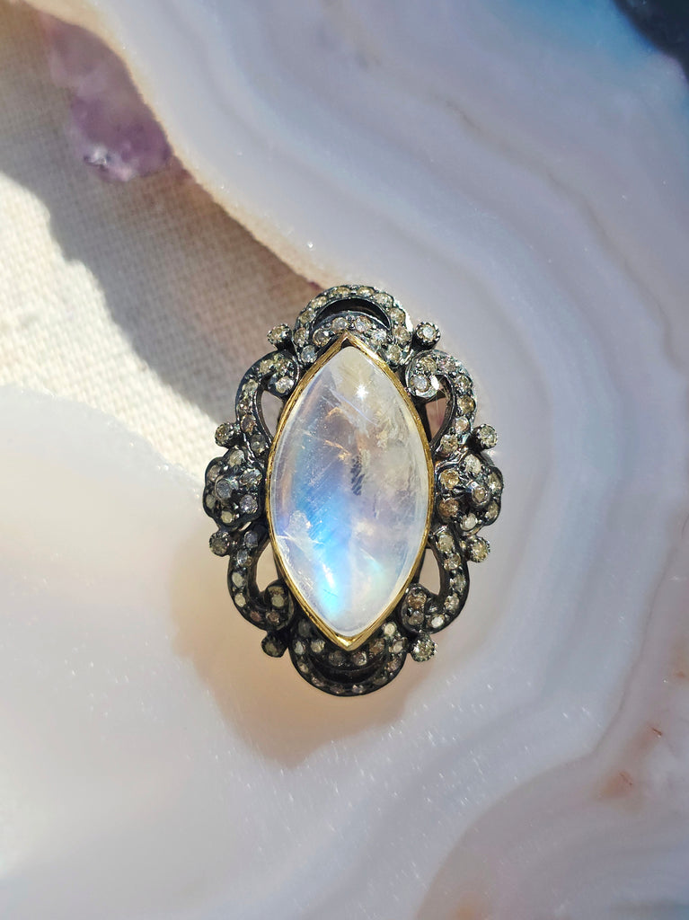 18k Gold & Sterling Silver Rainbow Moonstone Marquise Cabochon with Champaign Diamond Ring | Indulgems