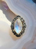 18k Gold & Sterling Silver Rainbow Moonstone Marquise Cabochon with Champaign Diamond Ring | Indulgems