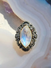 18k Gold & Sterling Silver Rainbow Moonstone Marquise Cabochon with Champaign Diamond Ring | Indulgems