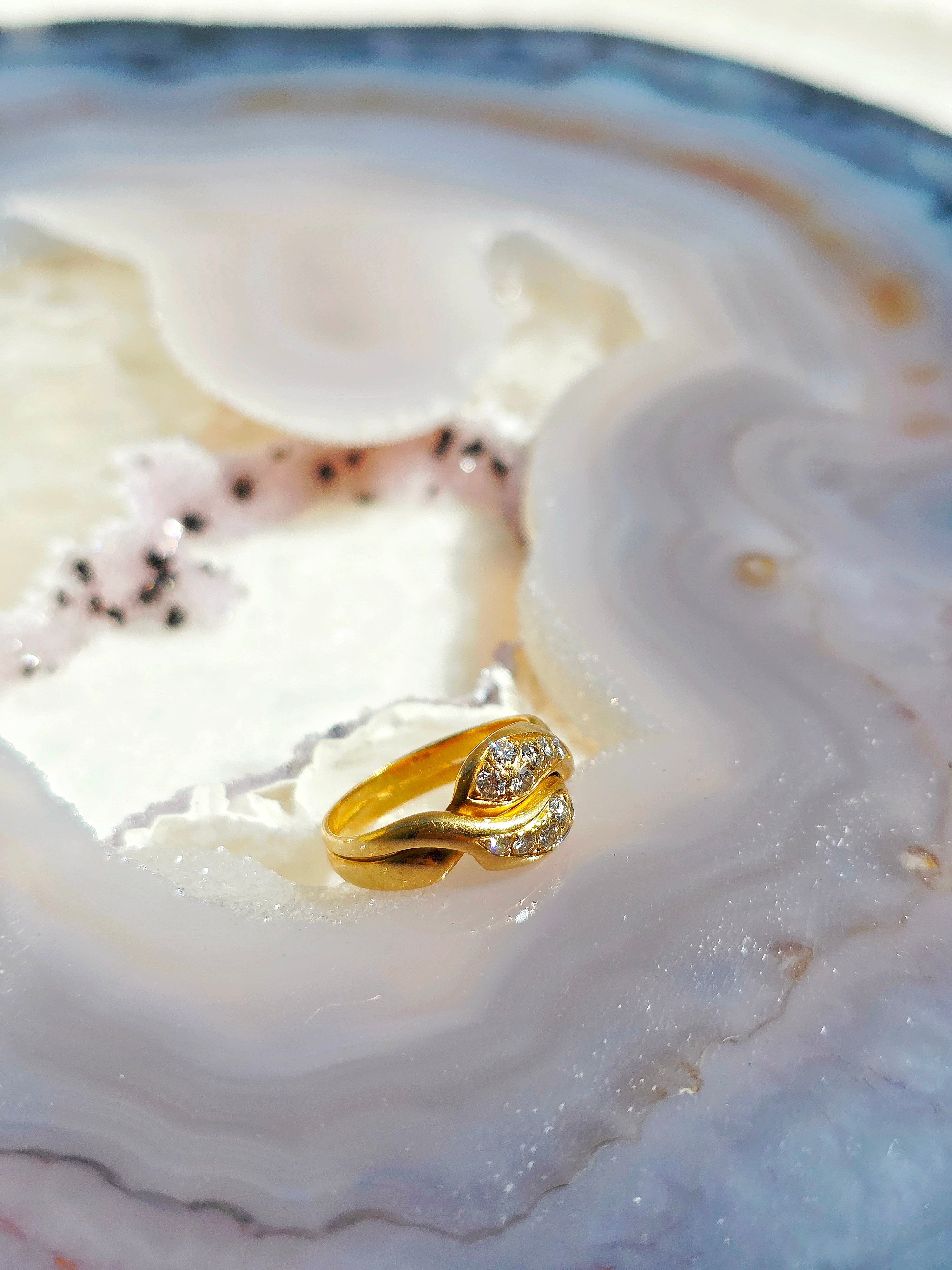 18K Yellow Gold Antique Diamond Pave Double Headed Snake Toi et Moi Ring Size 5 | Indulgems | Designs in Real Gold