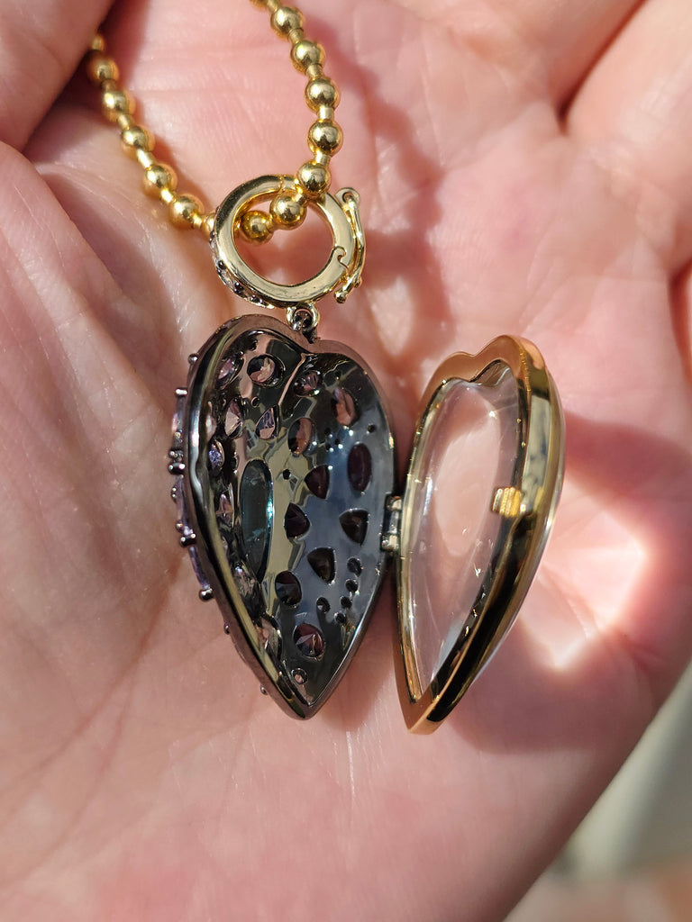 14k Yellow Gold & Platinum Large Emerald and Tanzanite Heart Locket Pendant | Indulgems