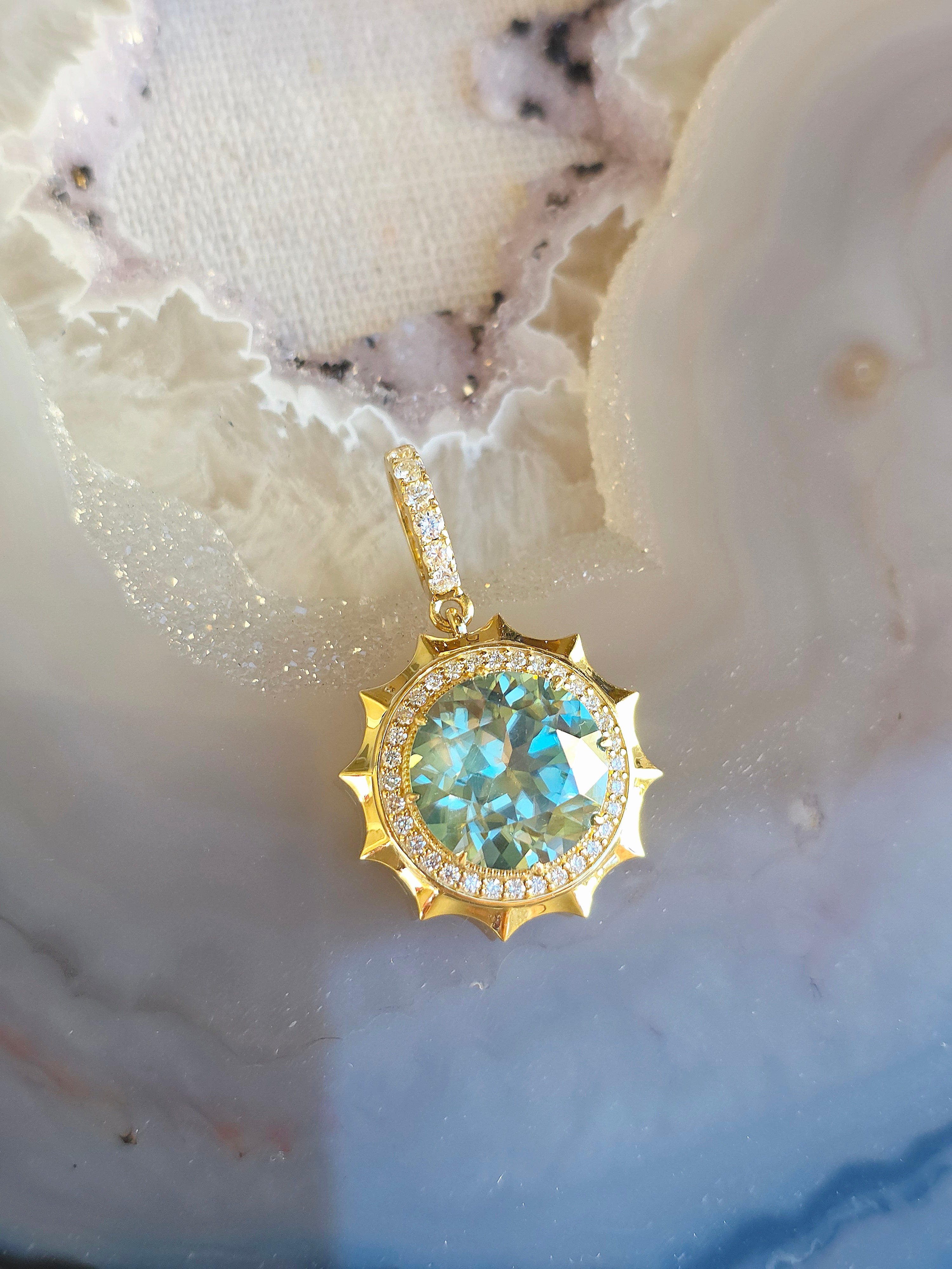11.8ct Blue Zircon Aurora Halo Pendant in 14k Yellow Gold | Indulgems