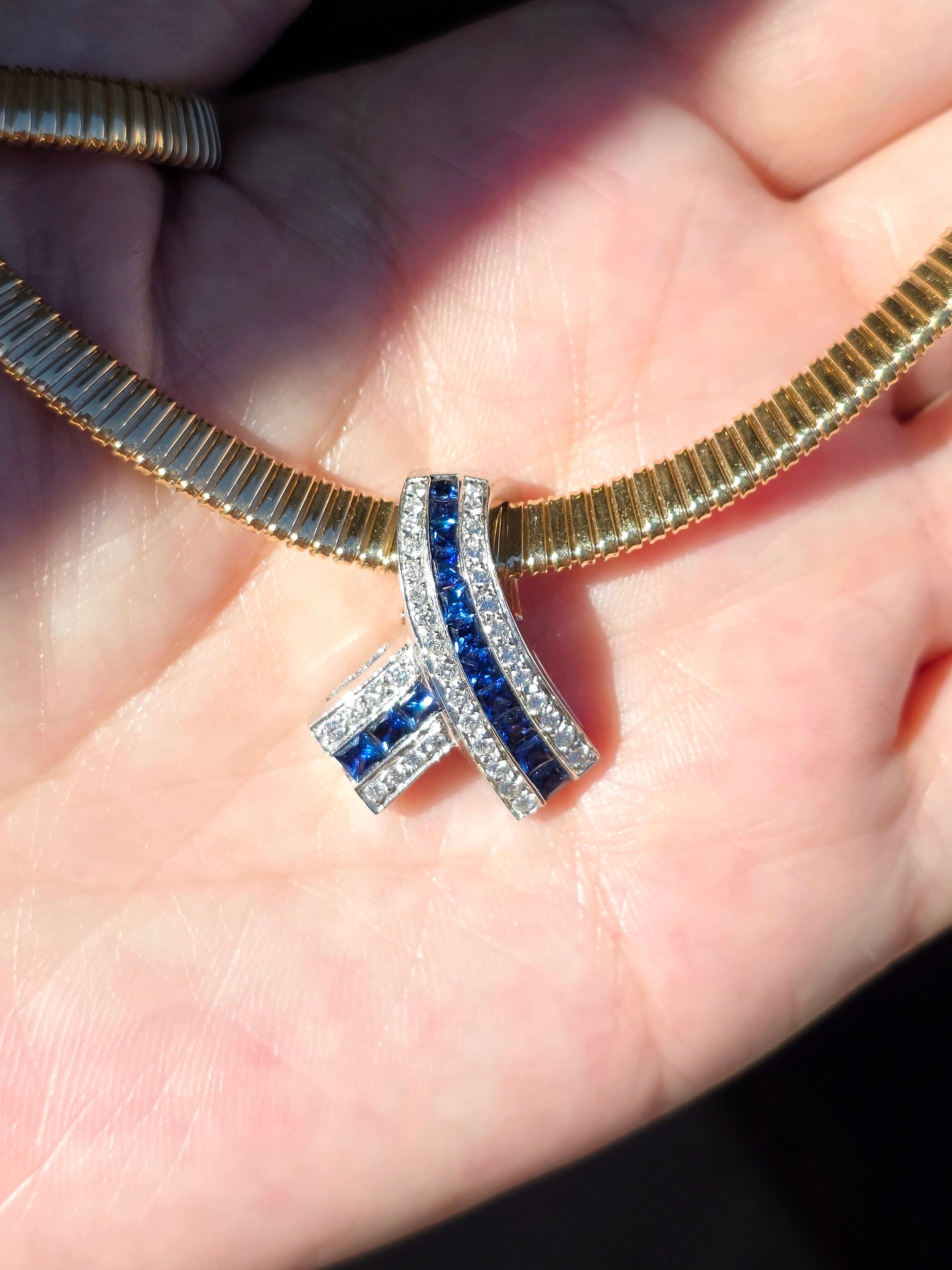 18k White Gold Blue Sapphire & Diamond Vintage Pendant Clip | Indulgems