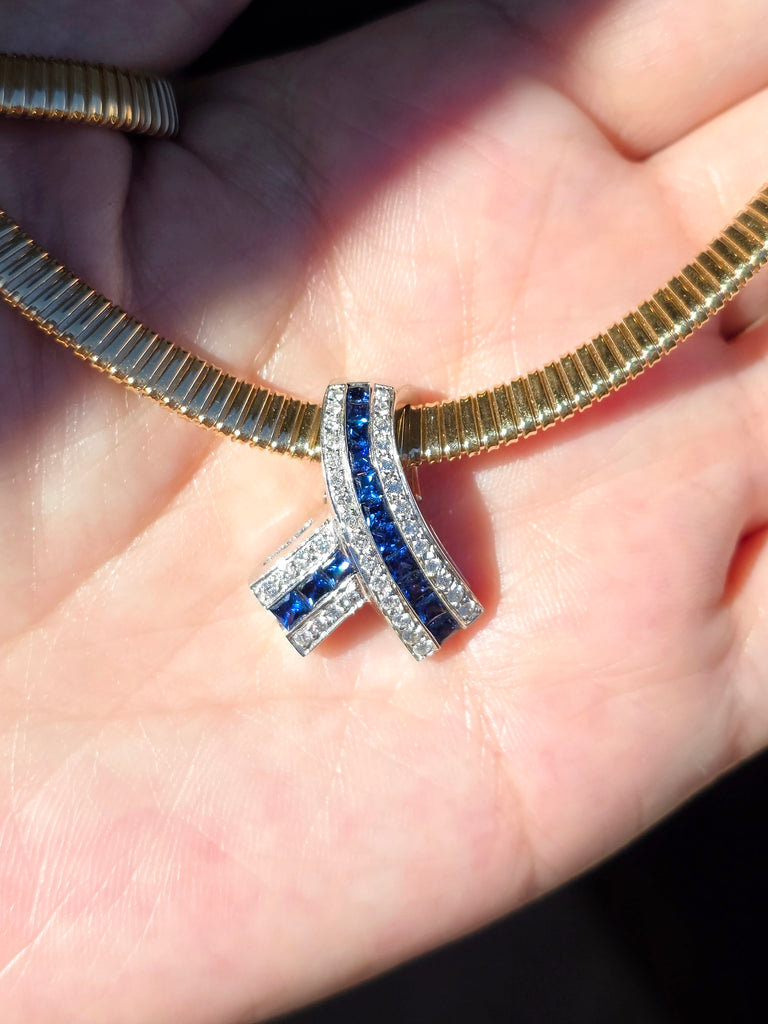 18k White Gold Blue Sapphire & Diamond Vintage Pendant Clip | Indulgems