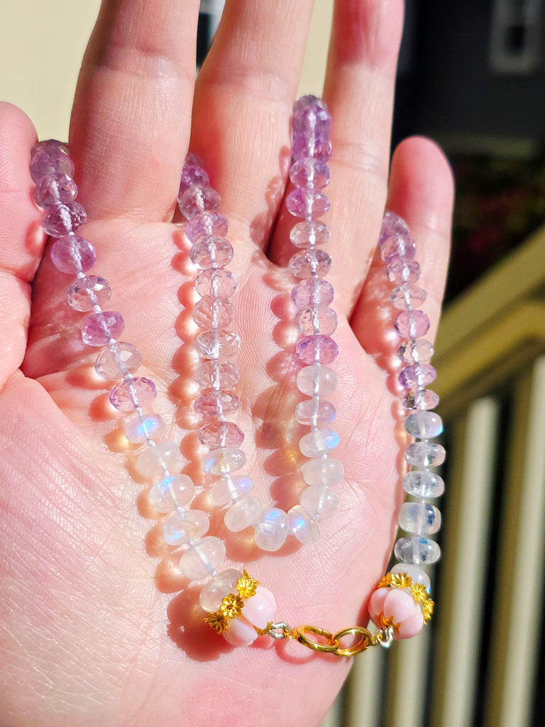 Pink Amethyst, Rainbow Moonstone, Pink Shell Carved Flower Pastel Lilac Gemstone 18K Gold Open Loop Necklace 18"