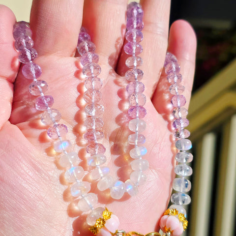Pink Amethyst, Rainbow Moonstone, Pink Shell Carved Flower Pastel Lilac Gemstone 18K Gold Open Loop Necklace 18"