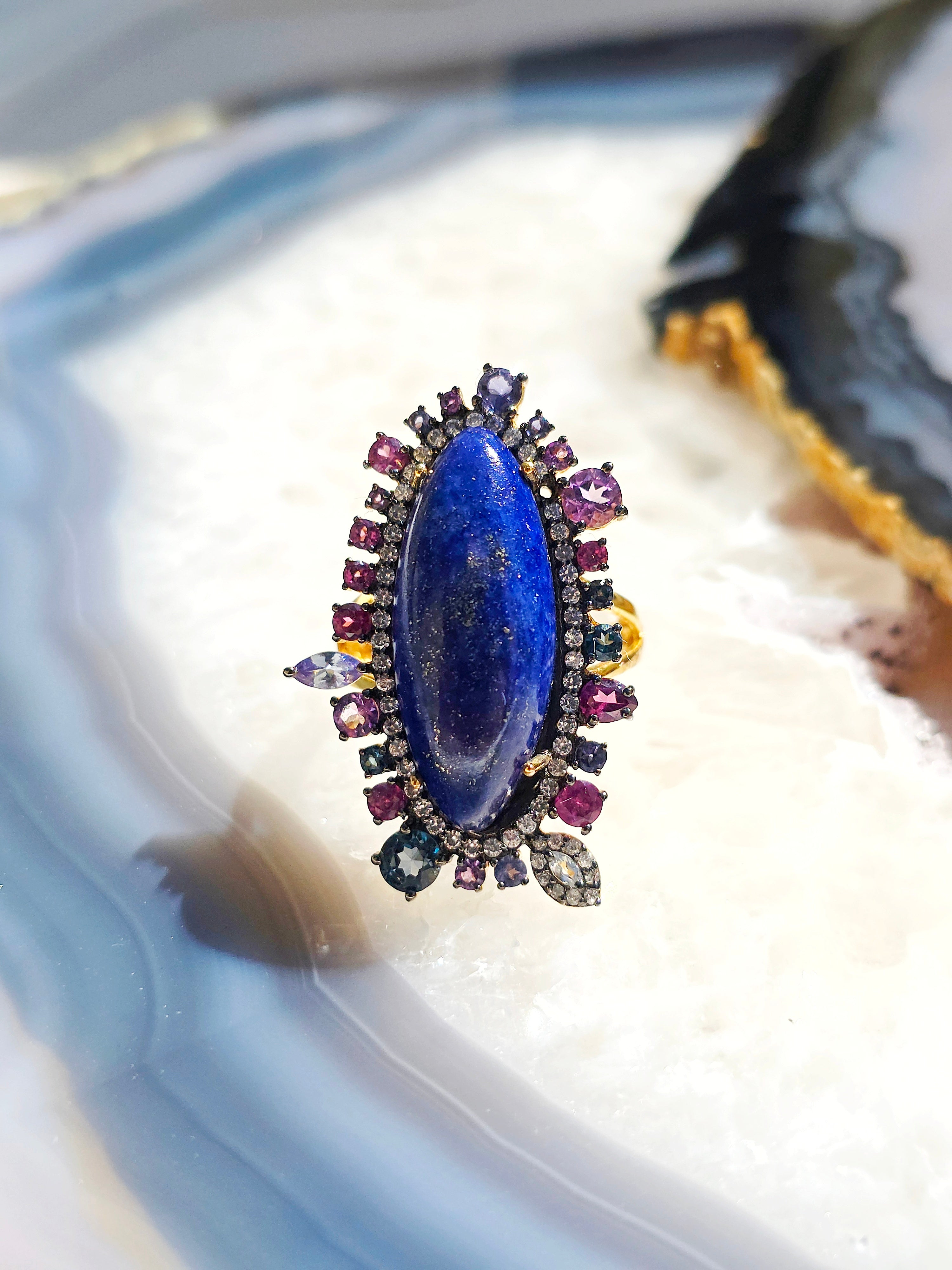 Vermeil in Sterling Silver & 18k Gold Lapis Lazuli, Blue Topaz, Tanzanite, Rhodolite Garnet & Diamond Statement Cocktail Ring size 8