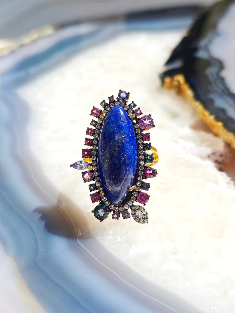 Vermeil in Sterling Silver & 18k Gold Lapis Lazuli, Blue Topaz, Tanzanite, Rhodolite Garnet & Diamond Statement Cocktail Ring size 8