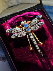 18k Solid Gold & Silver Art Nouveau Antique Dragonfly Brooch with Sapphire and Diamond | Indulgems