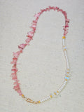 18K Yellow Gold Pink Tourmaline Gemstone Spikes, Freshwater Pearls, Rainbow Moonstone Halfsie Necklace 18.5"