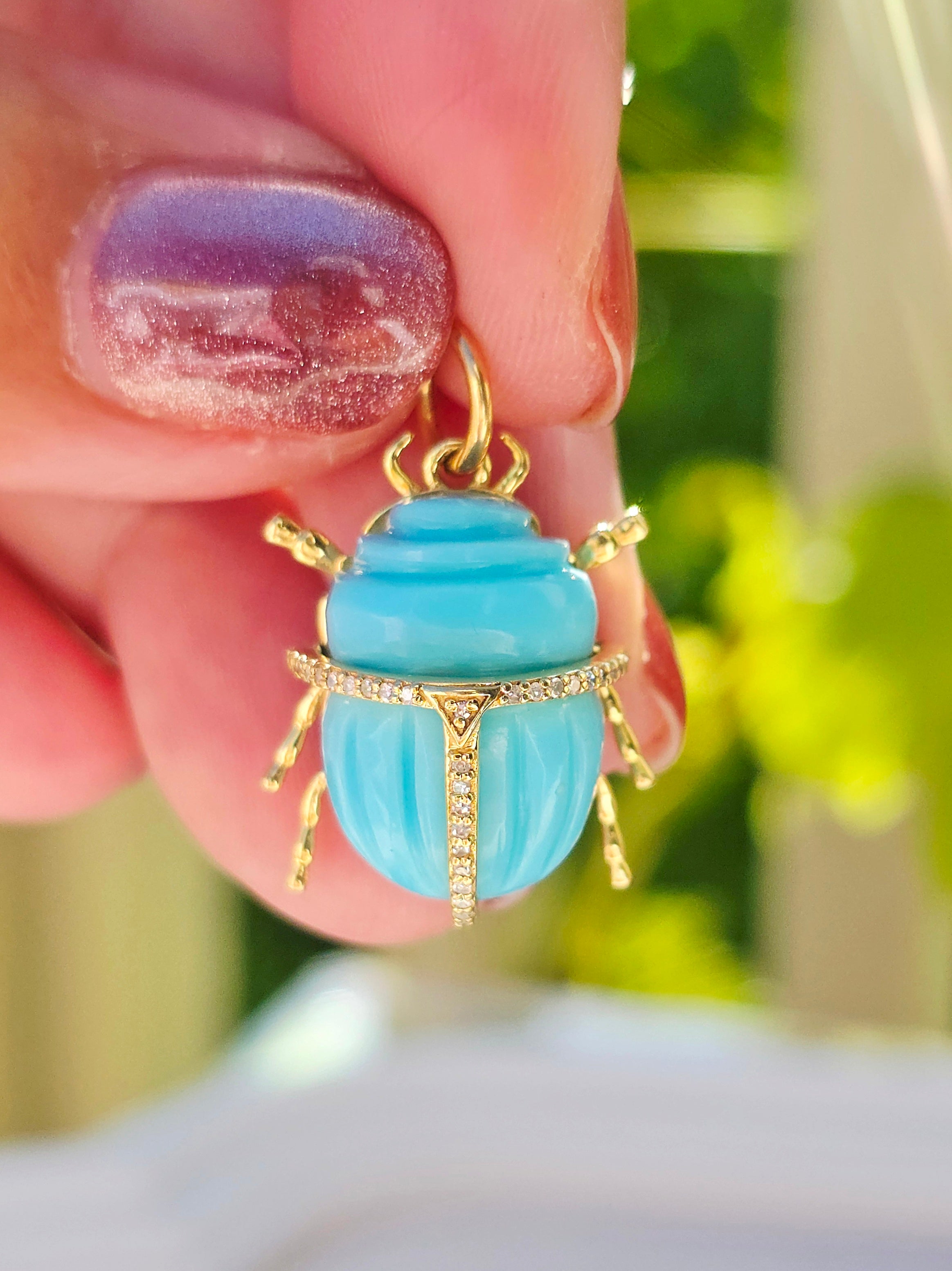 14k Yellow Gold Gemstone Carving Scarab Beetle Charm Pendant with Diamond Accent | Indulgems