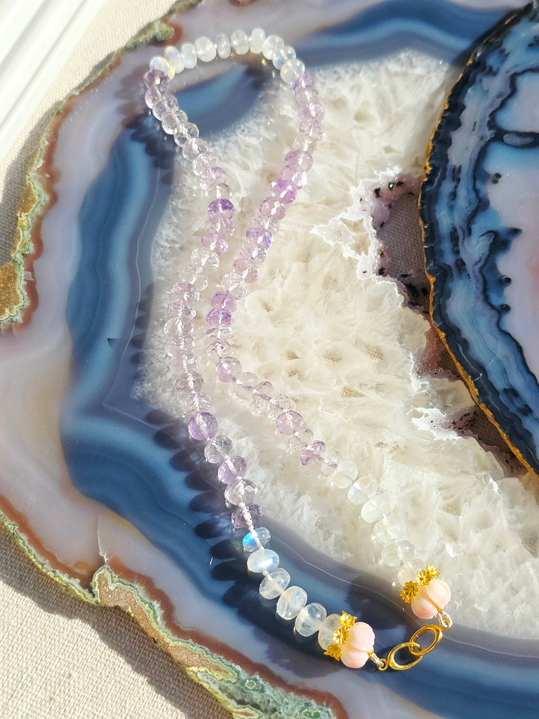 Pink Amethyst, Rainbow Moonstone, Pink Shell Carved Flower Pastel Lilac Gemstone 18K Gold Open Loop Necklace 18"
