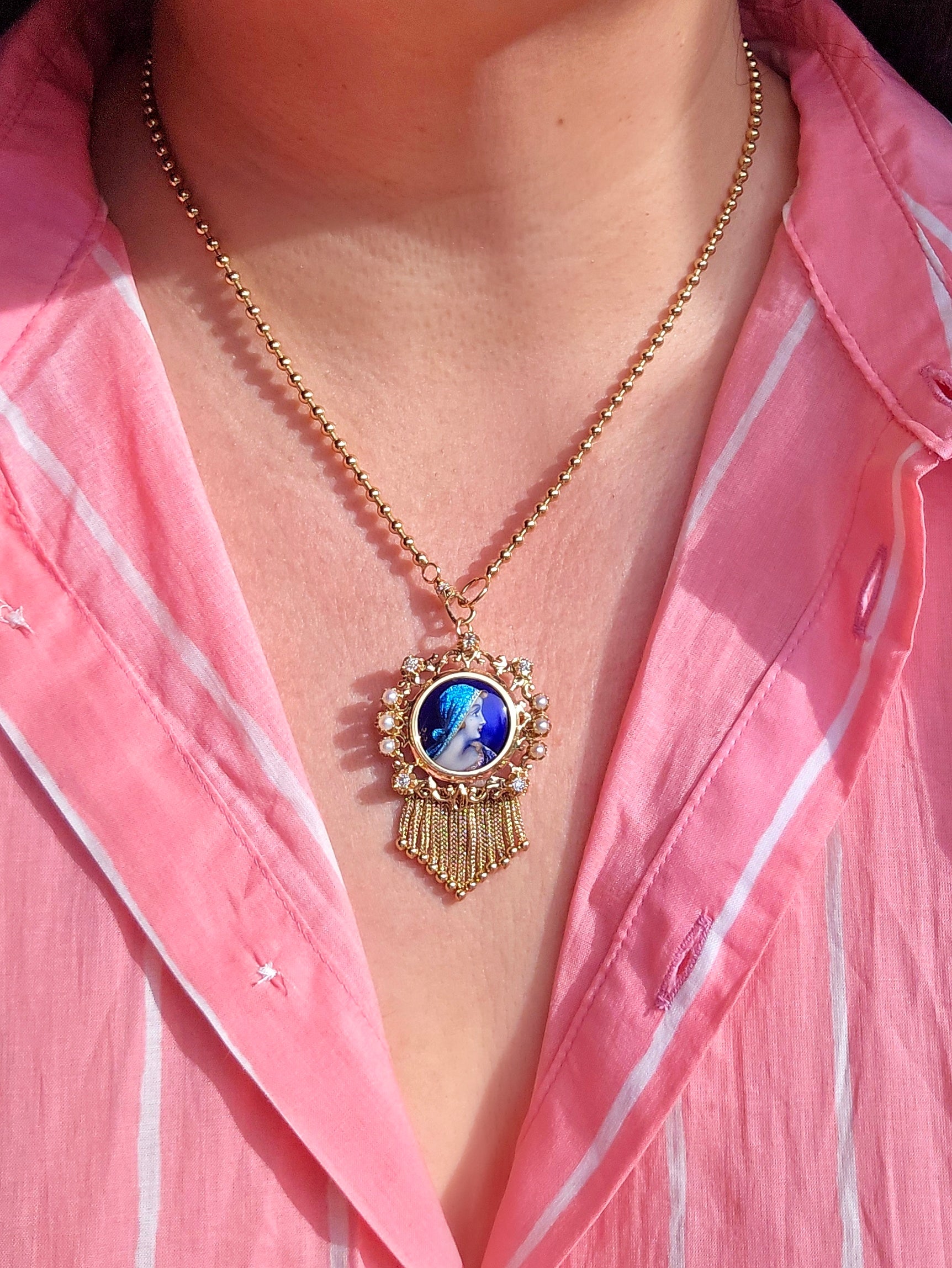 14k Yellow Gold Antique Enameled Bust Portrait Limoges Style Tassel Pendant Brooch | Indulgems
