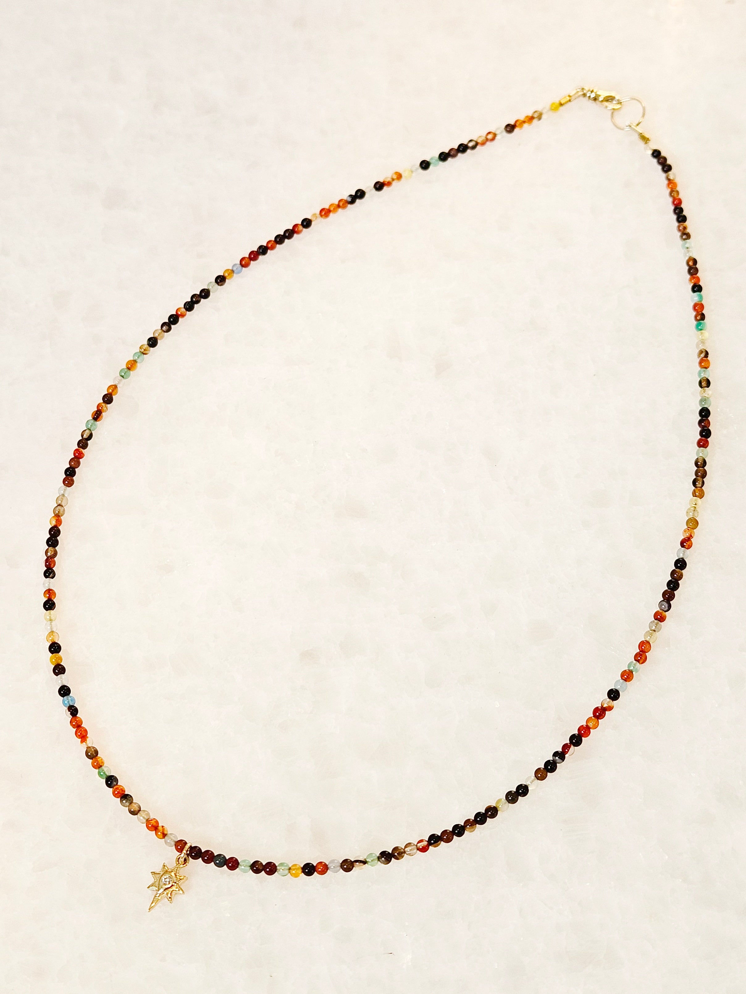 14K Yellow Gold Multicolor Natural Agate Micro Gemstone Bead Necklace with Diamond Star Charm 17"