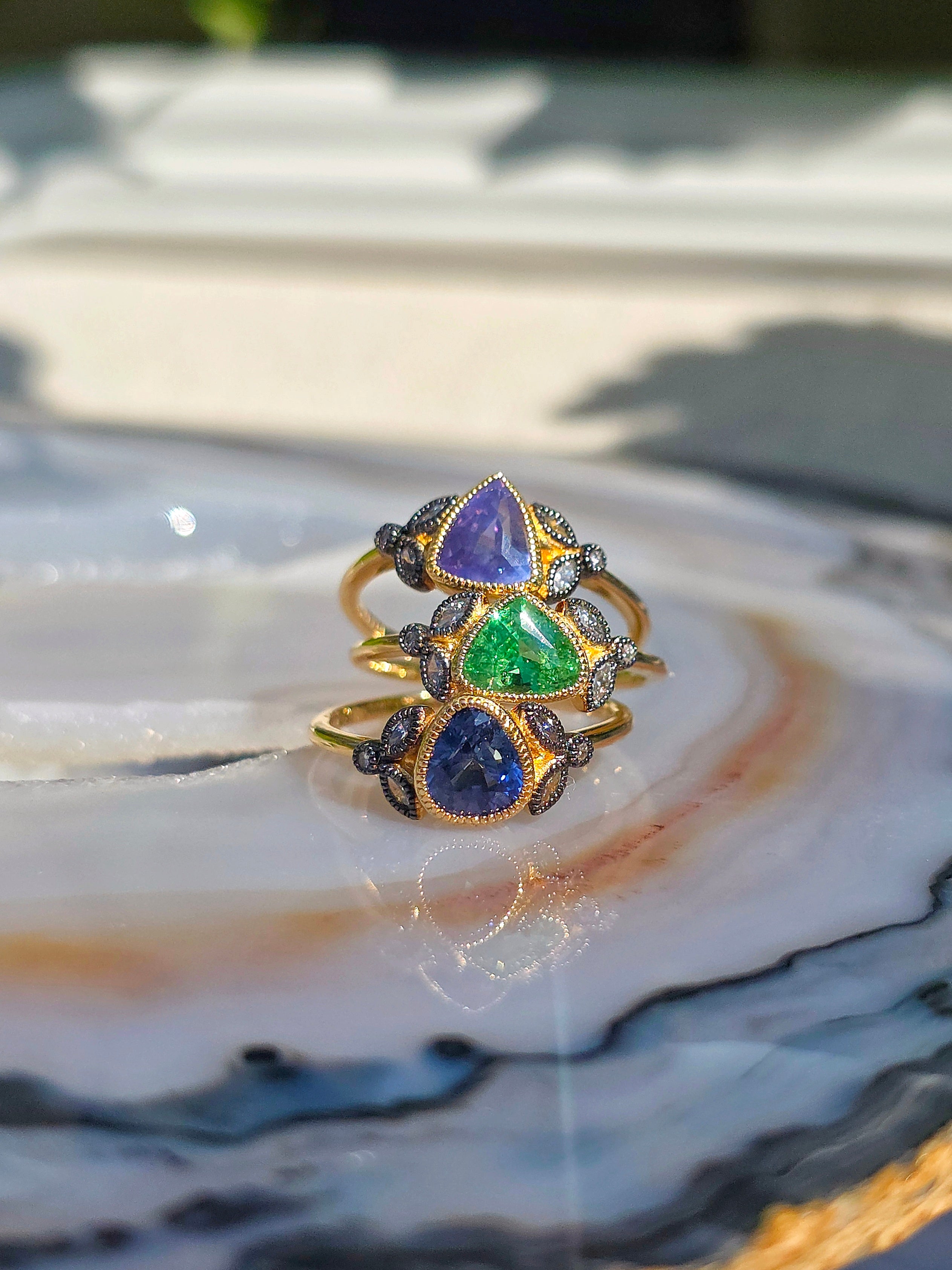18k Yellow Gold Gemstone Laurel Rings Sz 7 | Indulgems