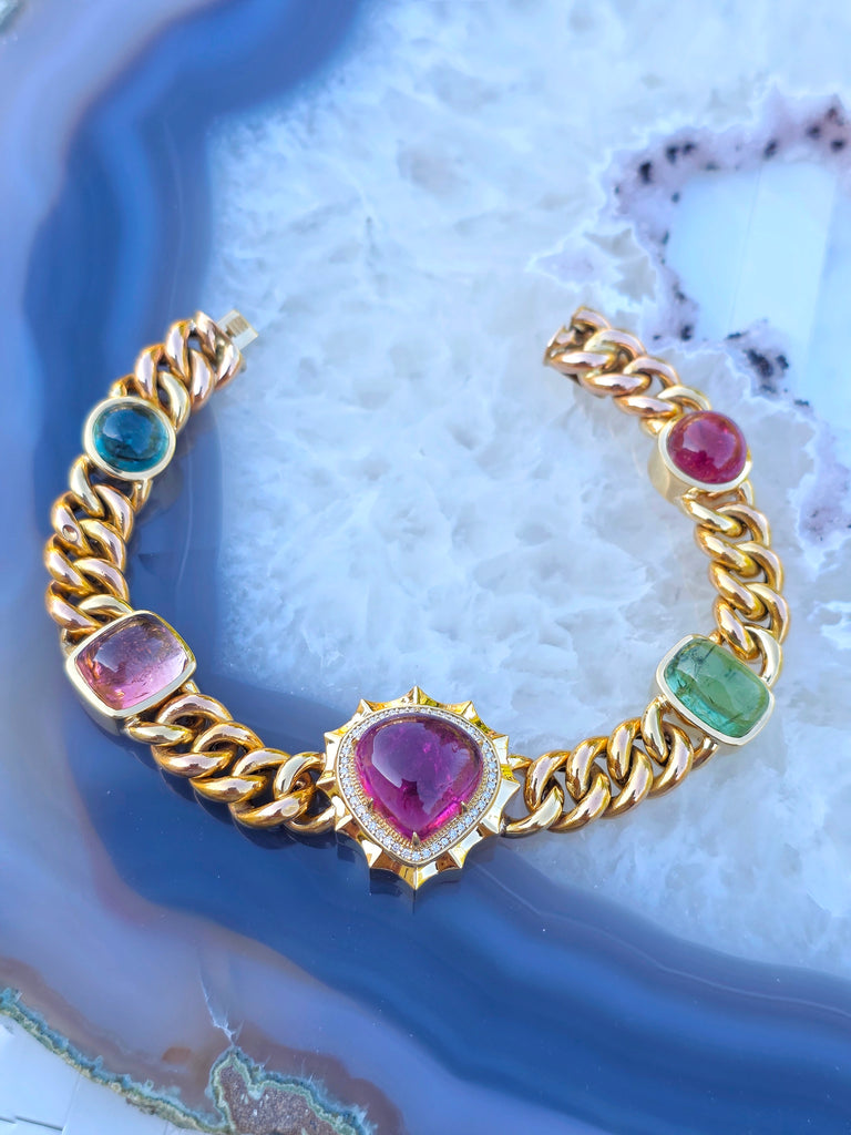 18k Yellow Gold Multicolor Tourmaline Cabochon Curb Chain Bracelet | Indulgems | Aurora Halo