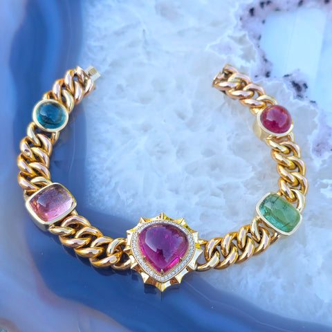 18k Yellow Gold Multicolor Tourmaline Cabochon Curb Chain Bracelet | Indulgems | Aurora Halo