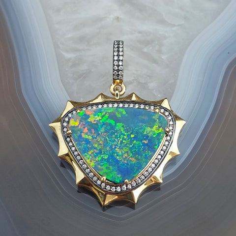 14k Yellow Gold Aurora Halo Australian Opal Pendant | Indulgems