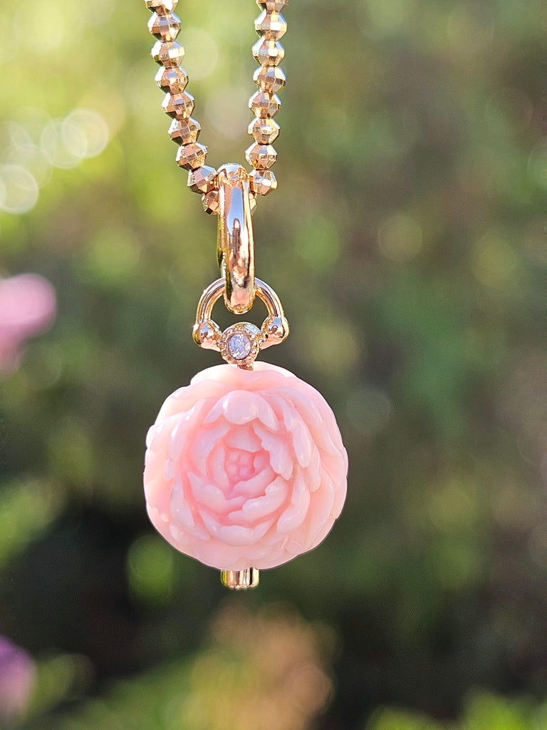 18K Solid Gold Hand Carved Pink Opal Peony Flower Ball Charm Pendant