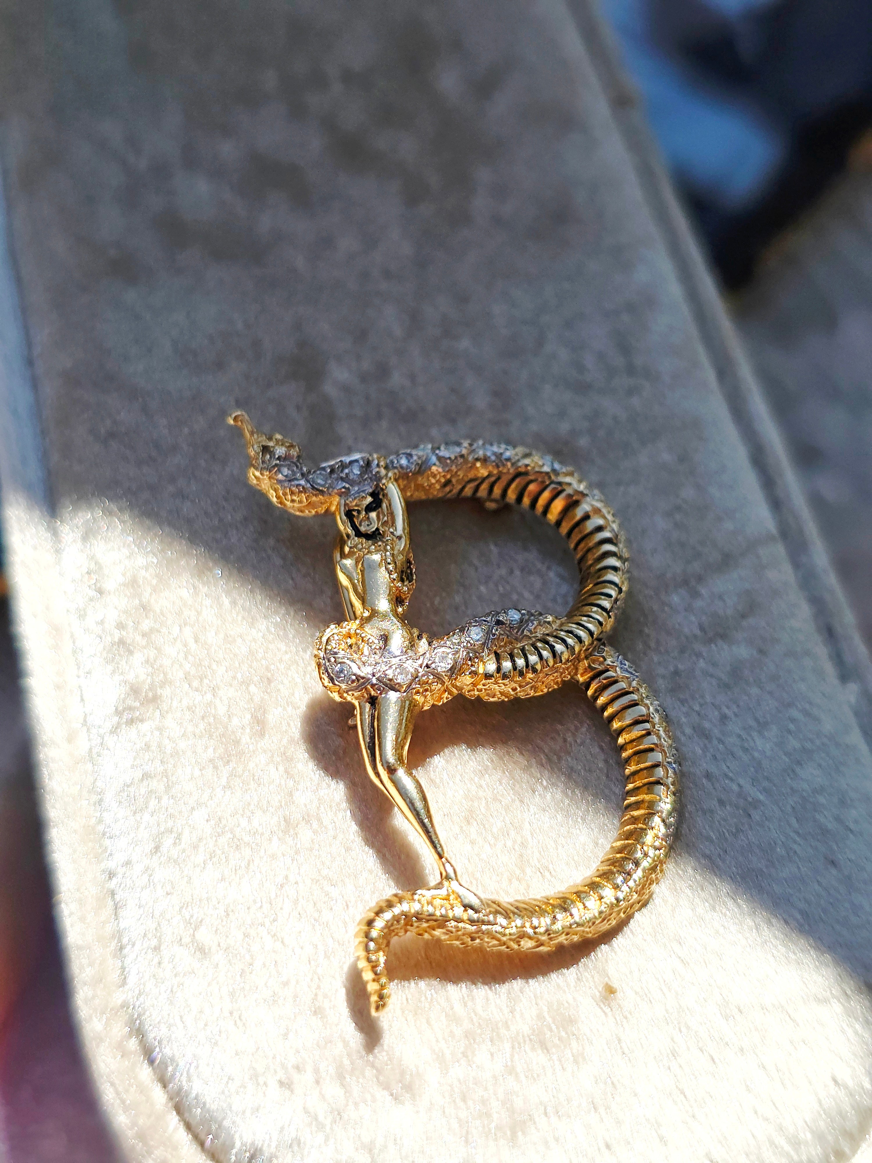 14k Gold Vintage Diamond Accent Lady with a Snake Serpent Initial B Brooch Pendant | Indulgems