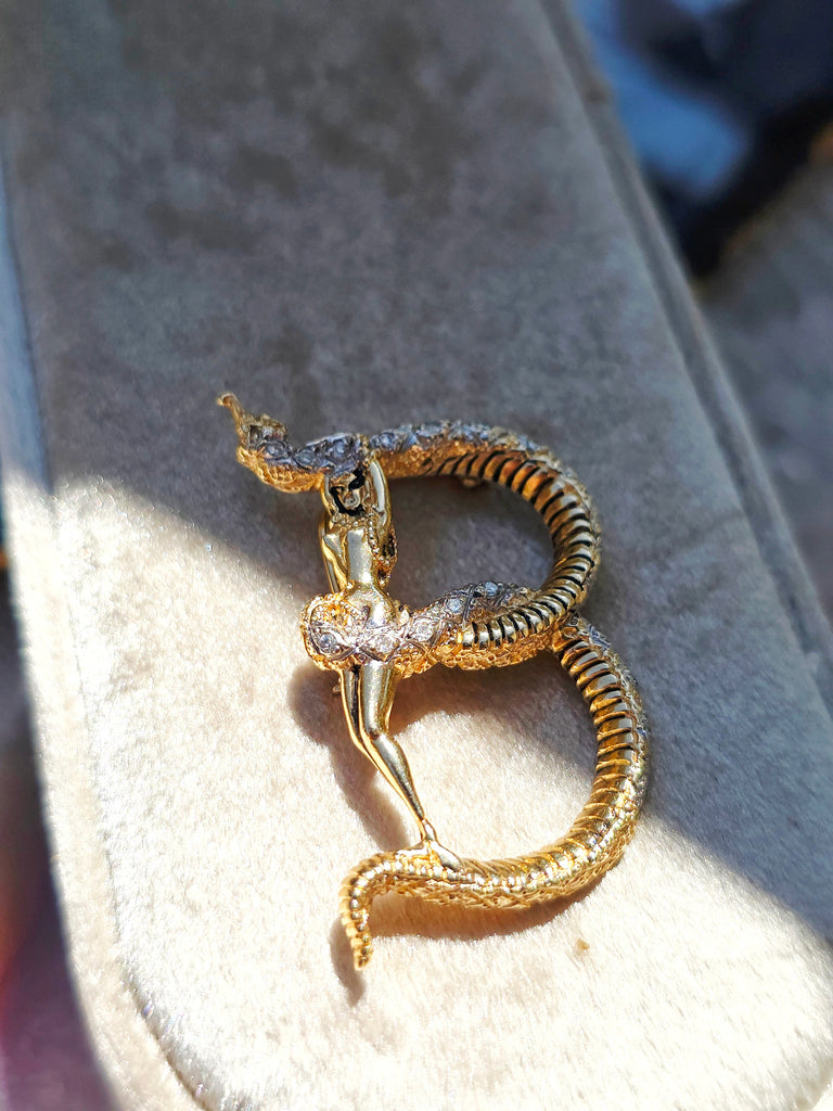 14k Gold Vintage Diamond Accent Lady with a Snake Serpent Initial B Brooch Pendant | Indulgems