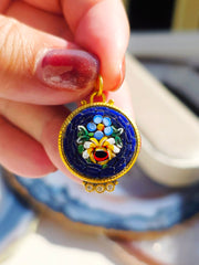 24K Gold Micro Mosaic Pendant with Diamond & Sterling Silver - Blue Flower