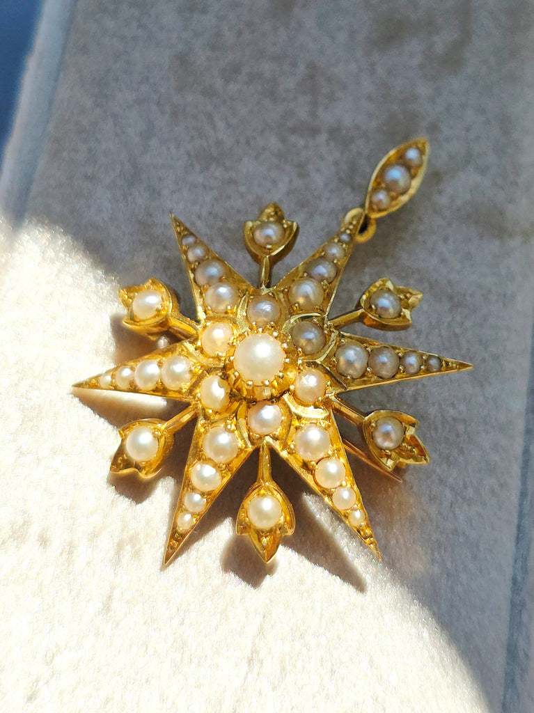 18k Solid Gold Pearl Studded 6 Point Star Pendant Brooch  | Indulgems