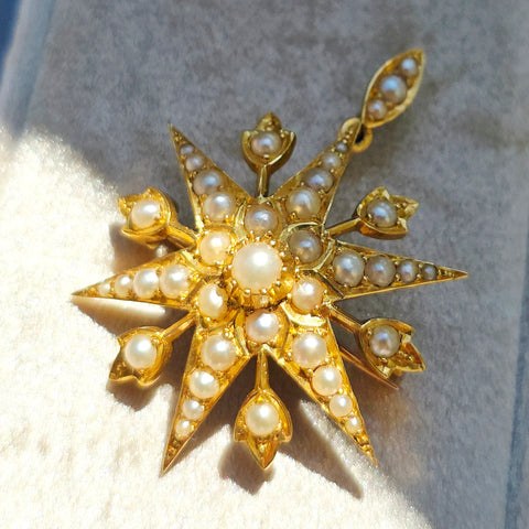 18k Solid Gold Pearl Studded 6 Point Star Pendant Brooch  | Indulgems