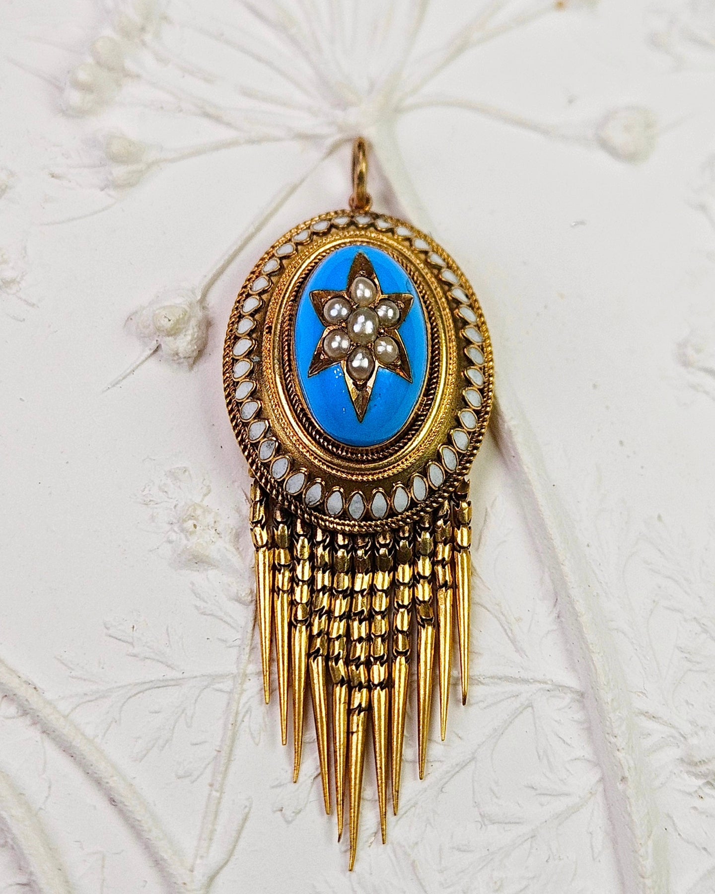 Antique 18K Yellow Gold Pearl and Enamel Pendant with Tassel Fringe