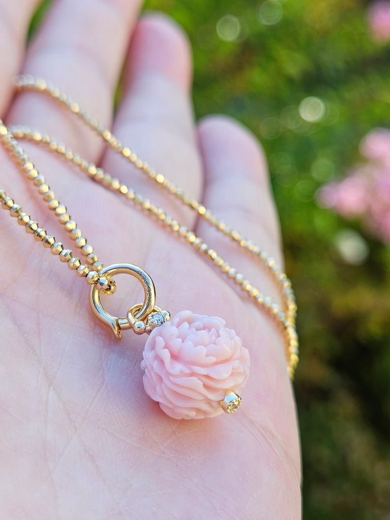 18K Solid Gold Hand Carved Pink Opal Peony Flower Ball Charm Pendant