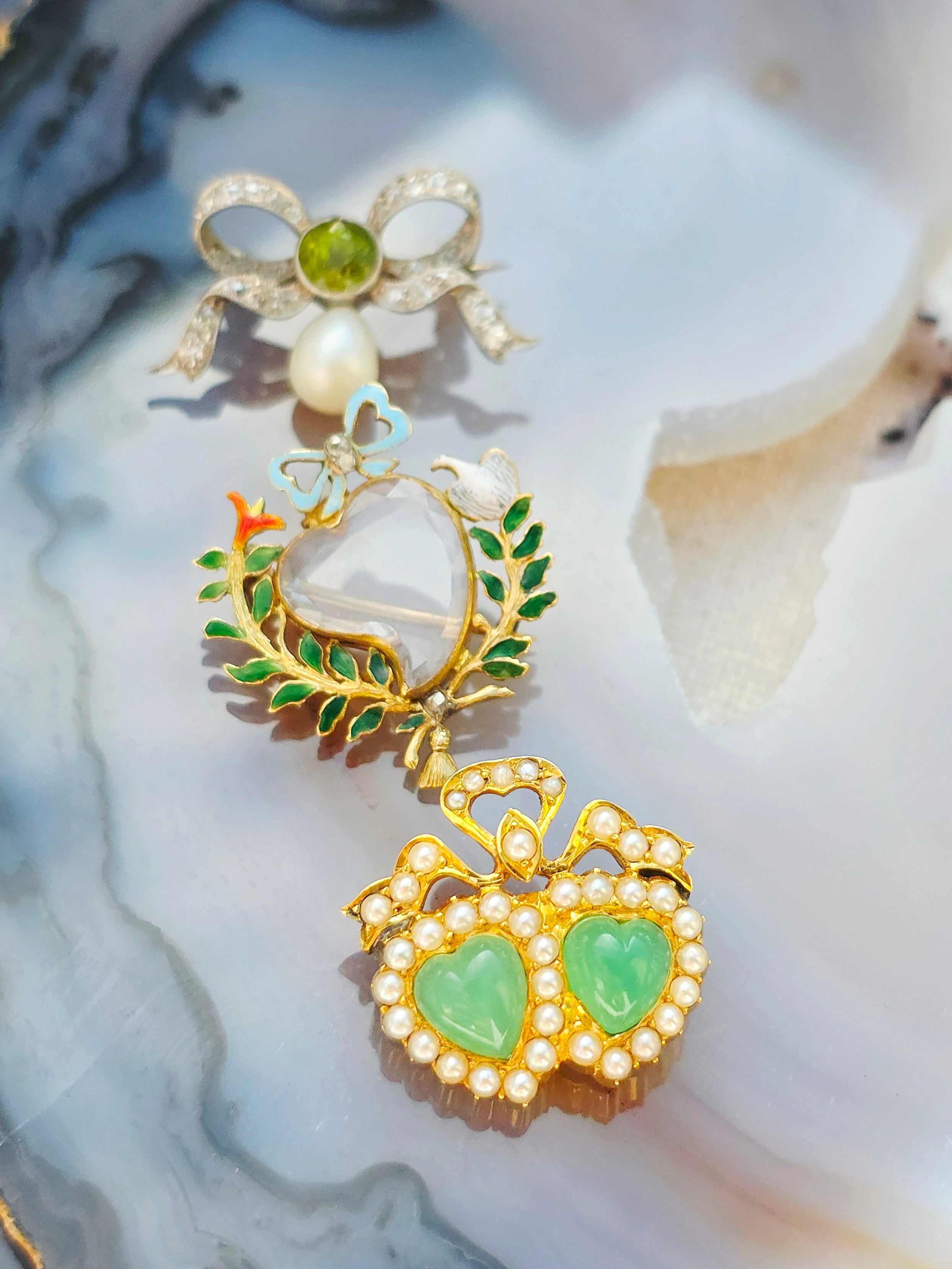 18k Yellow Gold Antique Rock Crystal Locket Brooch with Enameled Leaf Branches, Ribbon Bow & White Dove | Indulgems