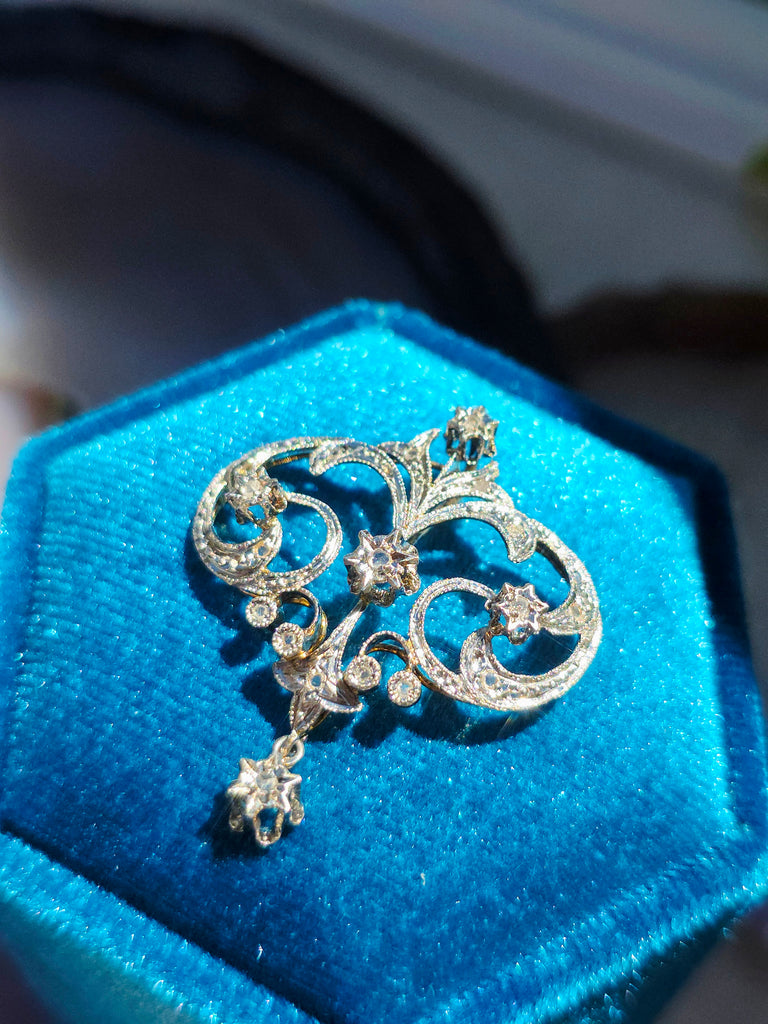 14k Gold Celestial Scrolling Motif Diamond Pendant | Indulgems | Antique Revival