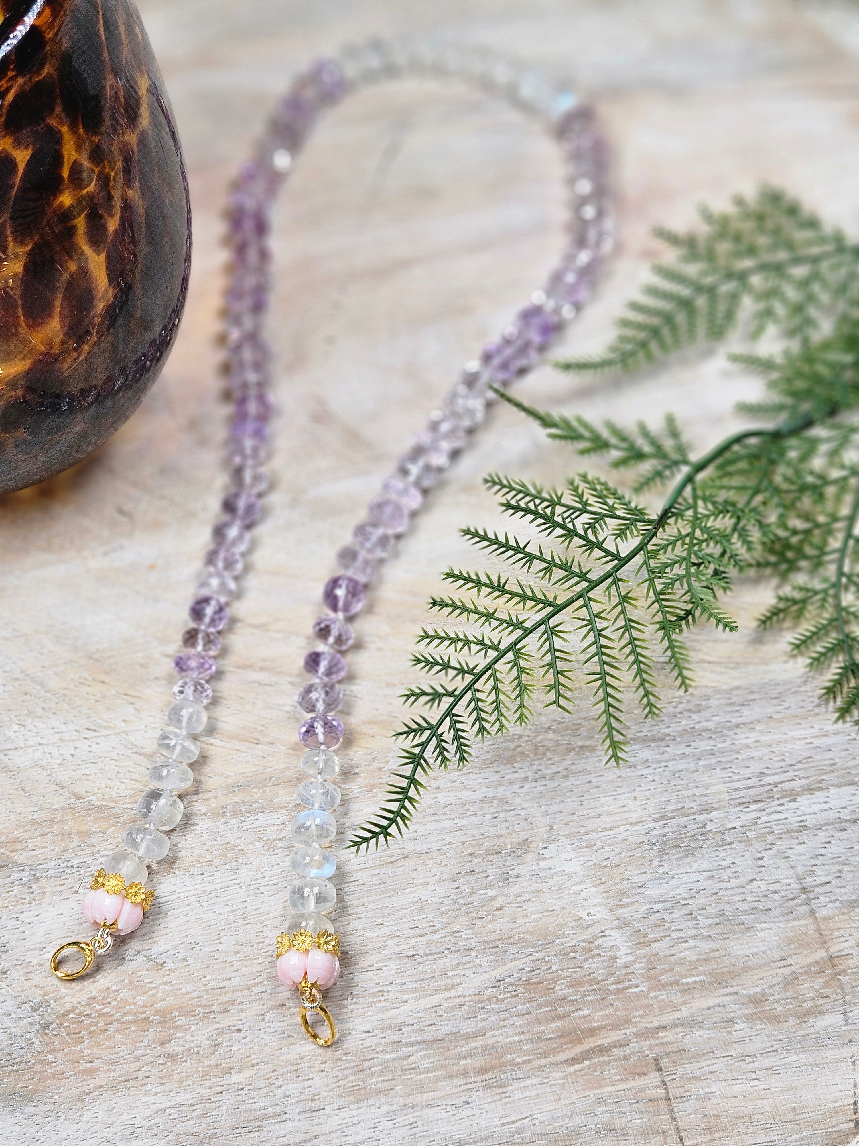 Pink Amethyst, Rainbow Moonstone, Pink Shell Carved Flower Pastel Lilac Gemstone 18K Gold Open Loop Necklace 18"