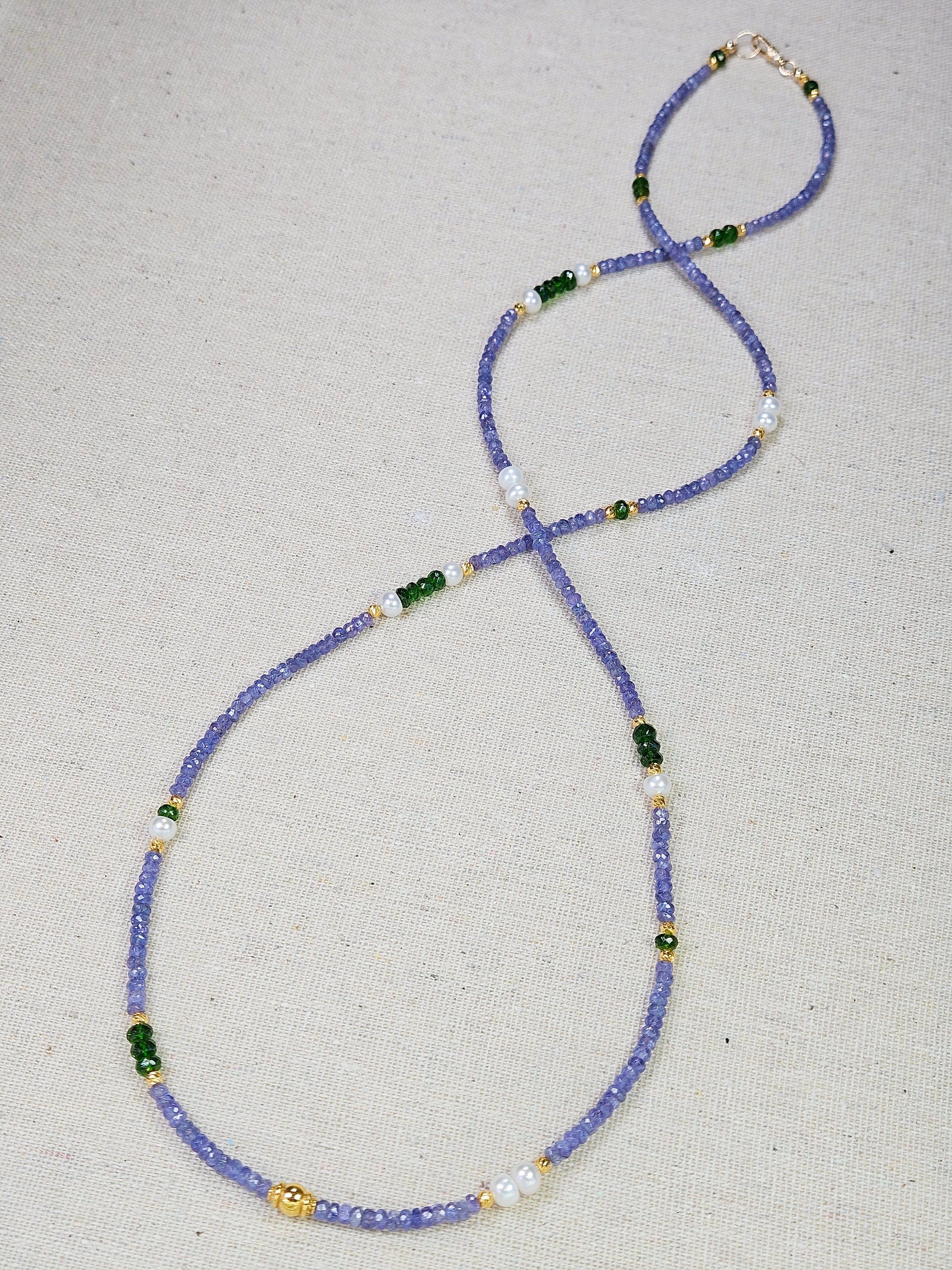 Genuine Gemstone Tanzanite, Chrome Diopside, Freshwater Pearl 18K Yellow Gold Long Necklace 32"