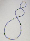 Genuine Gemstone Tanzanite, Chrome Diopside, Freshwater Pearl 18K Yellow Gold Long Necklace 32"